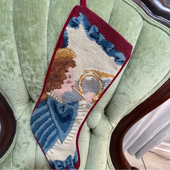 Needlepoint Angel Christmas Stocking Bow Cottage Grandma Handmade Needlework - Picture 2 of 6